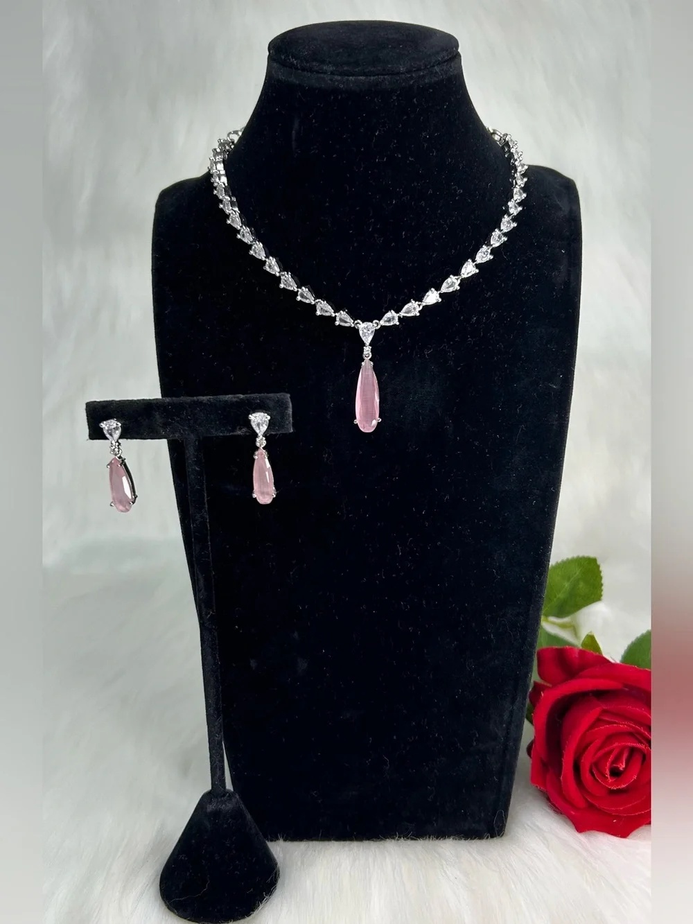 Pink Silver Ad Necklace and Earrings Set